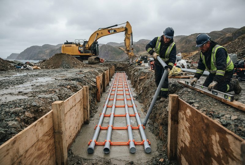 Electrical duct bank being installed in a shored trench on a coastal site
