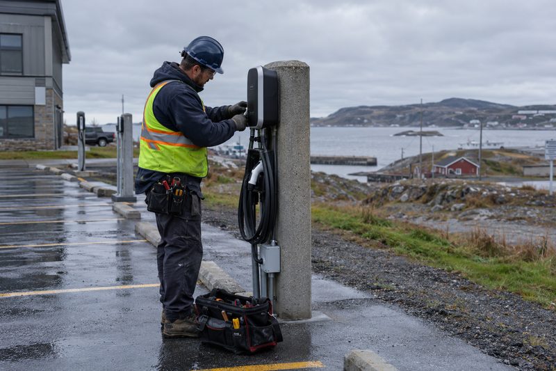 Electrician installing a Level 2 EV charger in a commercial parking lot